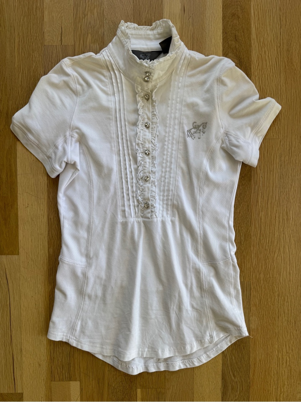 Goode Rider Luxe Show Shirt White Rhinestone Zip Short Sleeve Equestrian Top XS